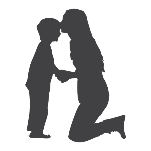 Silhouette of a mother and son. Mother is kneeling and kissing boy on forehead.