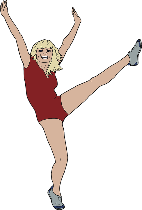 A woman doing exercise. She is older, a little over weight and looks a little ungainly. Its an illlustration.