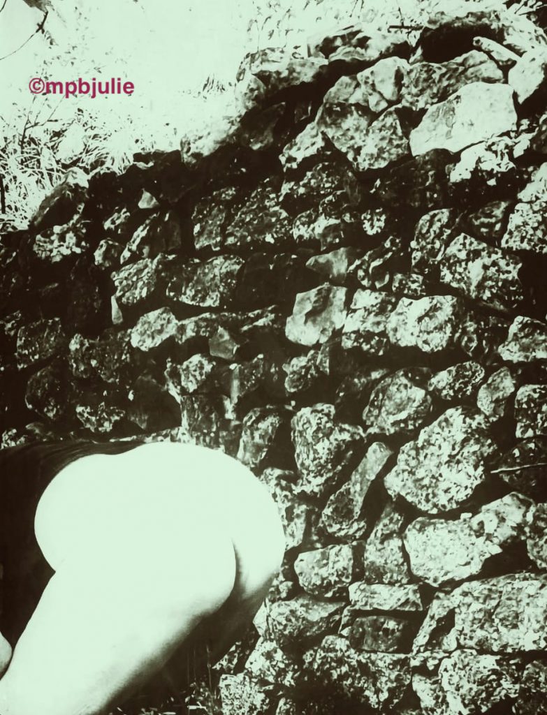 I am bending over, my trousers down. You can see my bottom. Behind me are the rocks. 