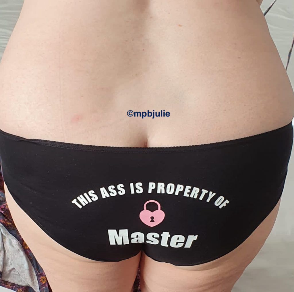 I am wearing a pair of black knickers. You can see my bottom, lower back and thighs. The words: This Ass is the property of Master is written on the knickers.