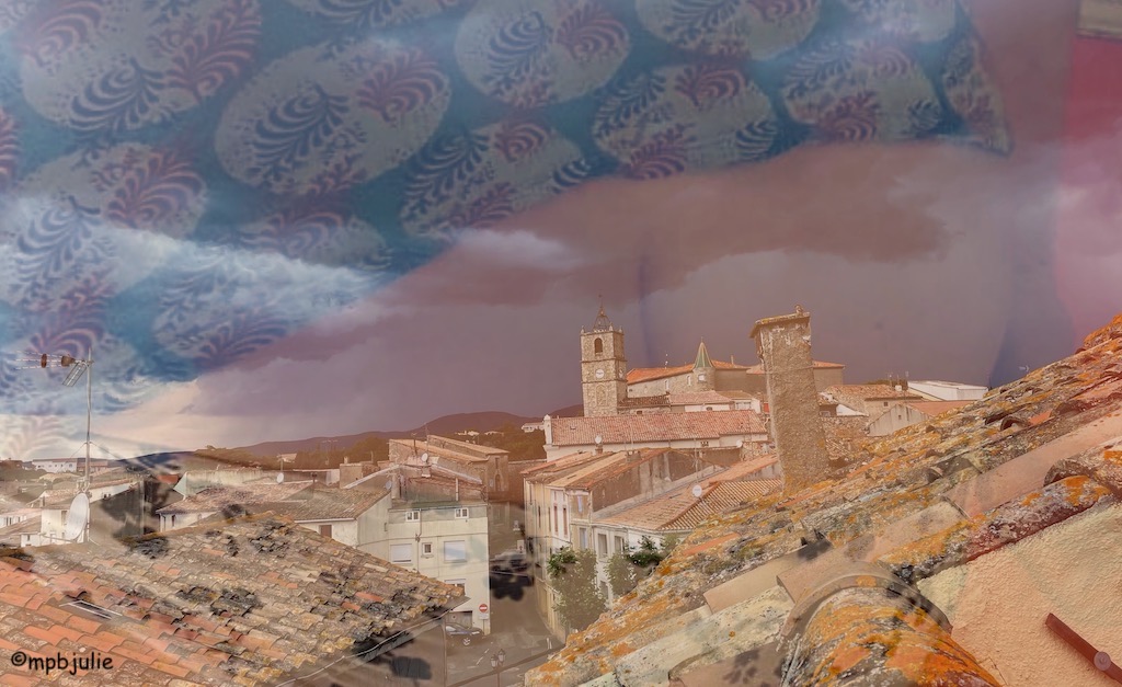 A French village rooftop scene with an image of my bottom and blue, red and turquoise top superimposed above. 
