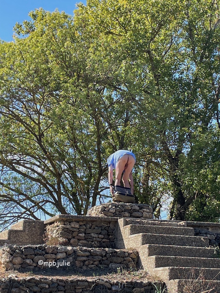 Large trees dominate against a blue sky. Stone. steps up. and a man is bending over with his shorts around his ankles. A cheeky. bum.