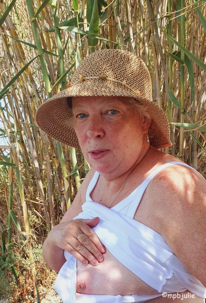 I'm wearing a scrappy white top, no bra and am showing you my. left nipple and a bit of boob. I'm wearing a straw hat and look a little pensive. Behind me is some bamboo. I'm in the French countryside.