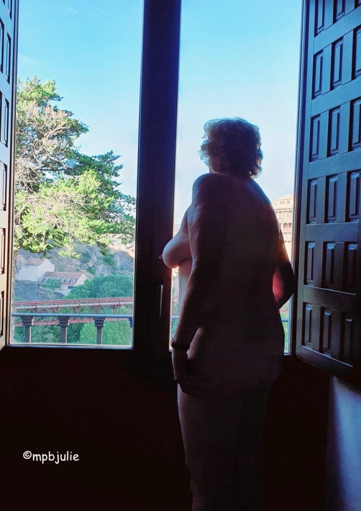I am standing in a hotel room doorway with a large window to the outside. Outside the sky is blue and there is a large tree and buildings in the distance. 