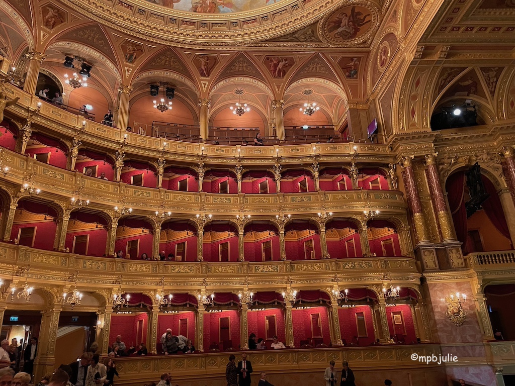 Inside the opera house. Mainly boxes and red and white decoration